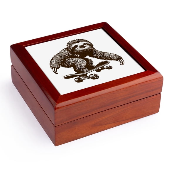 3dRose, Cute Illustration Of A Sloth On A Skateboard, Jewelry Box 5.5x5.5 inch with 4 inch tile