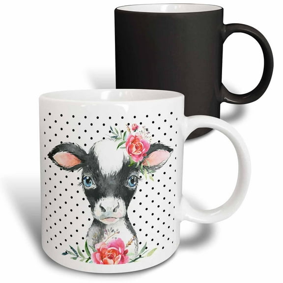 3drose, Cute Image of Watercolor Cow on Black and White Polka Dots, 11oz Magic Transforming Mug