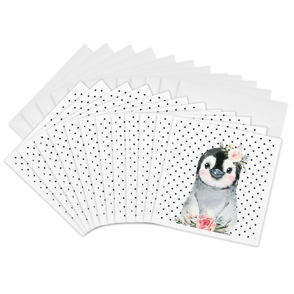 3drose, Cute Image of Watercolor Penguin with Flowers, 12 Greeting Cards with Envelopes