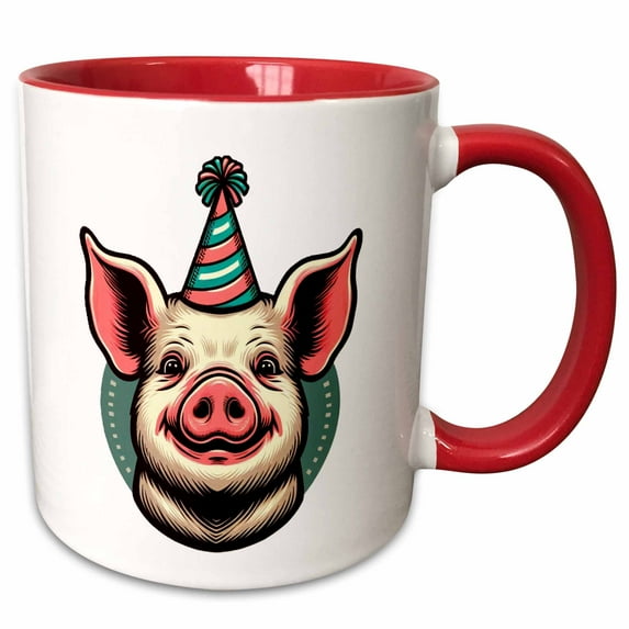 3drose, Cute Image of a Happy Party Pig, 11oz Two-tone Red Mug
