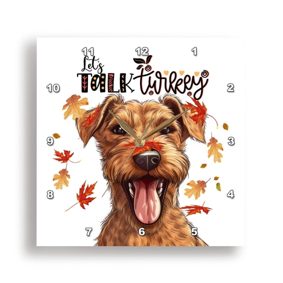 3dRose, Cute Irish Terrier is Happy its Thanksgiving and wants to Talk Turkey, 15x15 Wall Clock