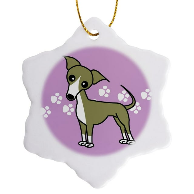 3dRose, Cute Italian Greyhound Fawn Tan Purple Pawprint Background, 3 inch Snowflake Porcelain Ornament