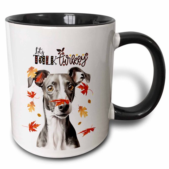 3drose, Cute Italian Greyhound Thanksgiving Dog with Falling Maple Leaves, 11oz Two-tone Black Mug