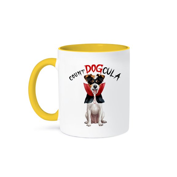 3dRose, Cute Jack Russell Terrier Count DOGcula vampire dog for Halloween, 11oz Two-Tone Yellow Mug