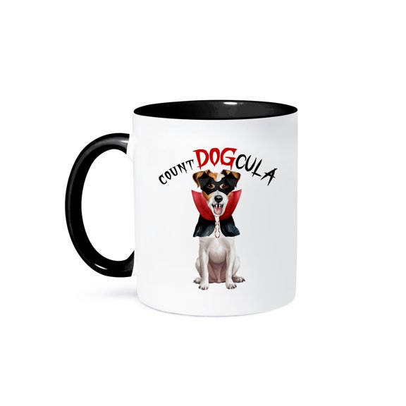 3dRose, Cute Jack Russell Terrier Count DOGcula vampire dog for Halloween, 15oz Two-Tone Black Mug