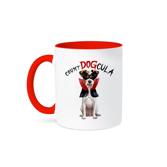 3dRose, Cute Jack Russell Terrier Count DOGcula vampire dog for Halloween, 15oz Two-Tone Red Mug