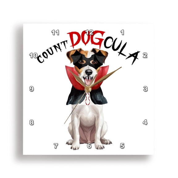 3dRose, Cute Jack Russell Terrier Count DOGcula vampire dog for Halloween, 15x15 Wall Clock
