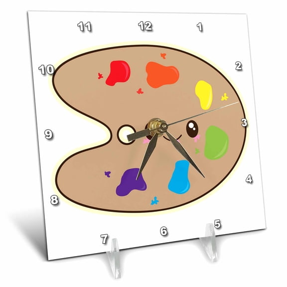 3dRose, Cute Kawaii Artist Paint Palette Cartoon, 6x6 Desk Clock