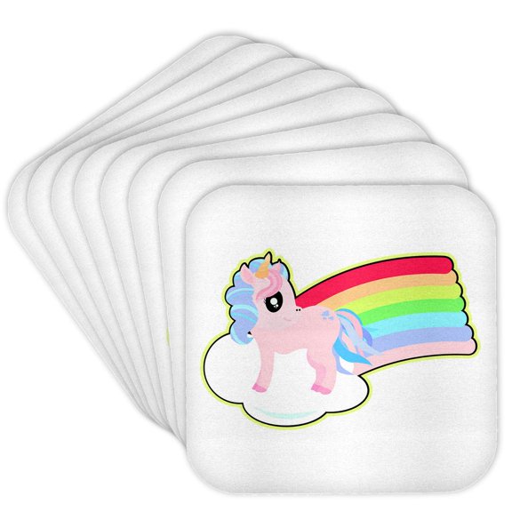 3drose, Cute Kawaii Colorful Unicorn on Rainbow Cloud, Set of 8 Coasters - Soft