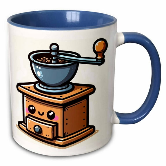 3drose, Cute Kawaii Illustration of a Coffee Grinder, 15oz Two-tone Blue Mug