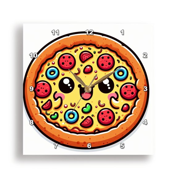 3dRose, Cute Kawaii Illustration Of A Pizza, 15x15 Wall Clock