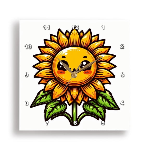 3dRose, Cute Kawaii Illustration Of A Sunflower, 15x15 Wall Clock