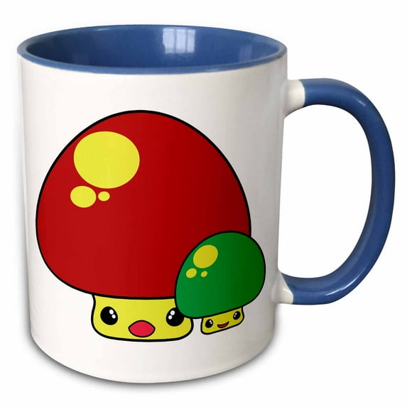 3drose, Cute Kawaii Style Red and Green Toadstool Mushroom Cartoon Characters, 11oz Two-tone Blue Mug