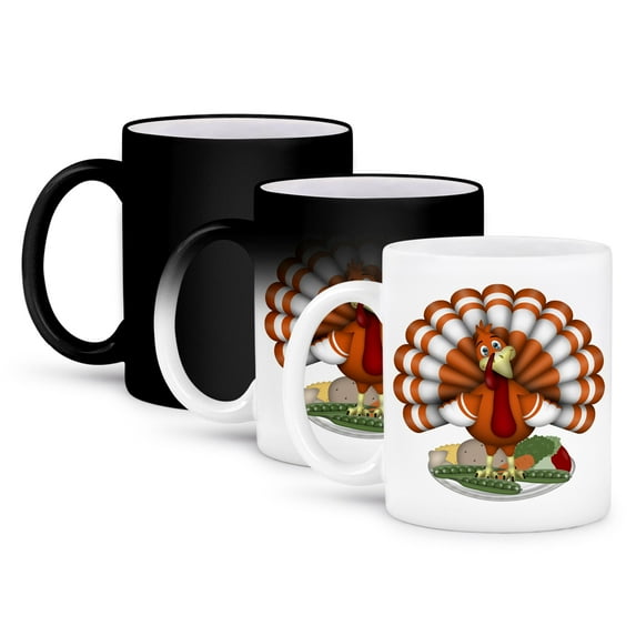 3dRose, Cute Large Orange Thanksgiving Turkey On Vegetables, 11oz Magic Transforming Mug