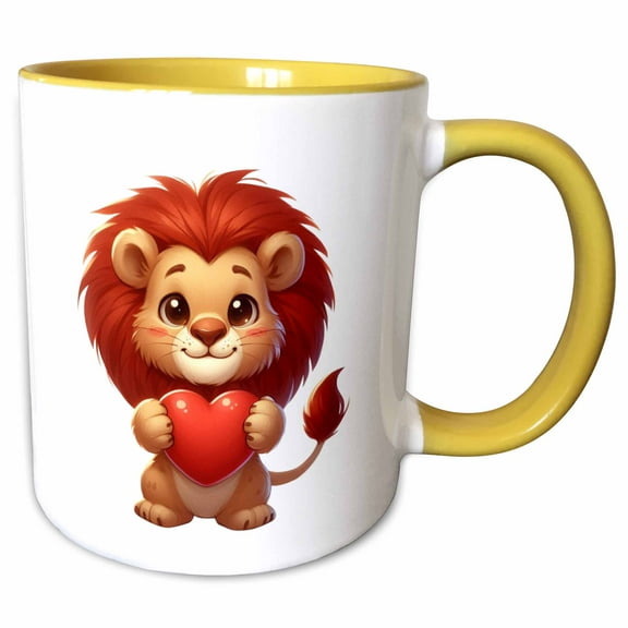 3drose, Cute Lion Holding a Heart Illustration, 15oz Two-tone Yellow Mug