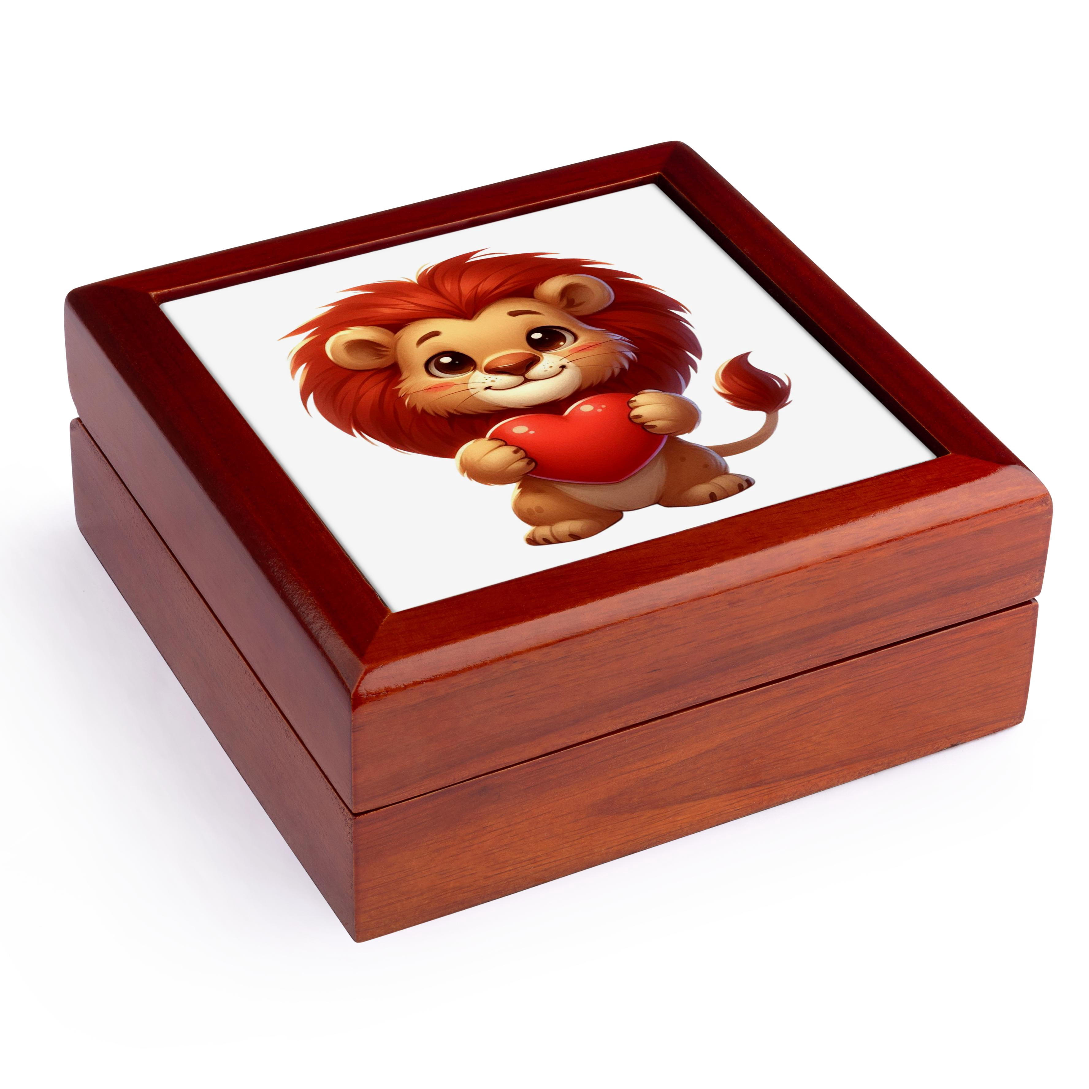 3dRose, Cute Lion Holding A Heart Illustration, Jewelry Box 5.5x5.5 inch with 4 inch tile