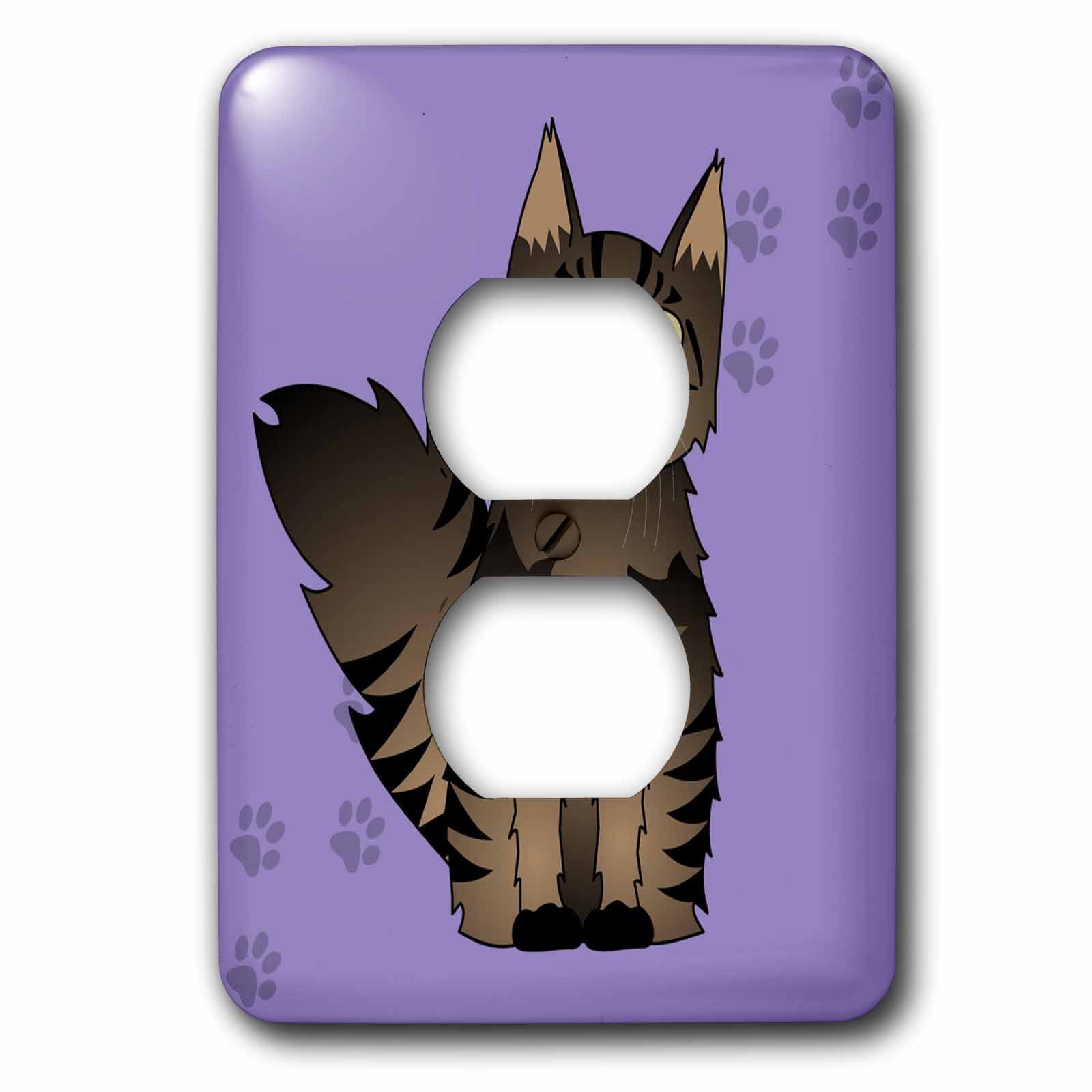 3dRose, Cute Maine Coon Cartoon Cat - Brown Tabby - Purple with Pawprint, 2 plug outlet cover
