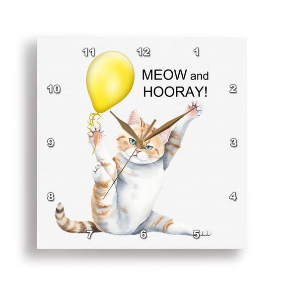 3dRose, Cute Meow and Hooray Kitty Cat in a Yoga Position with Yellow Balloon, 15x15 Wall Clock