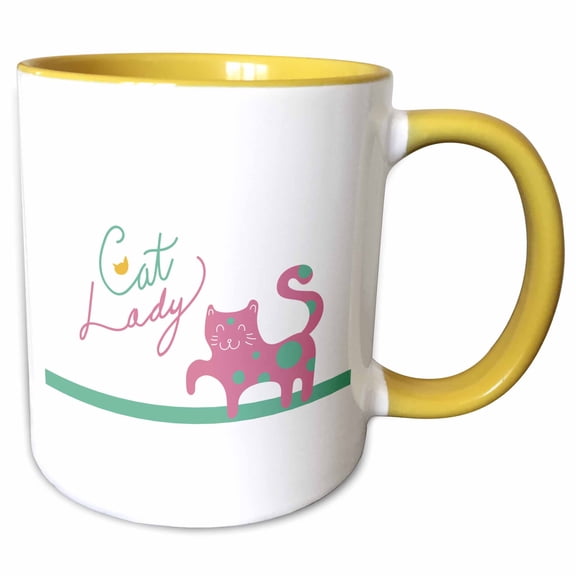 3drose, Cute Mint Pink Kitty Animal Illustration and Typography - Lady Cat, 11oz Two-tone Yellow Mug