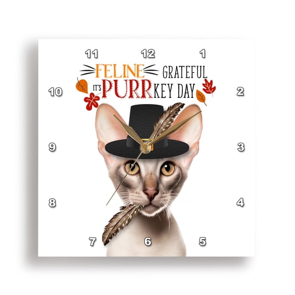 3dRose, Cute Oriental Shorthair Cat with a Turkey Feather Funny Thanksgiving, 15x15 Wall Clock