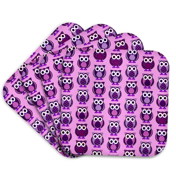 3dRose, Cute Owl Purple Stripes and Dots Print, Set of 4 Coasters - Soft