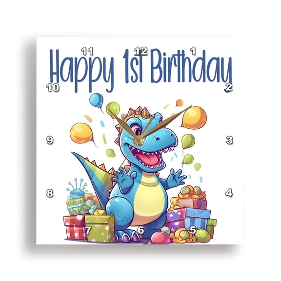 3dRose, Cute Party Dinosaur Happy 1st Birthday, 15x15 Wall Clock