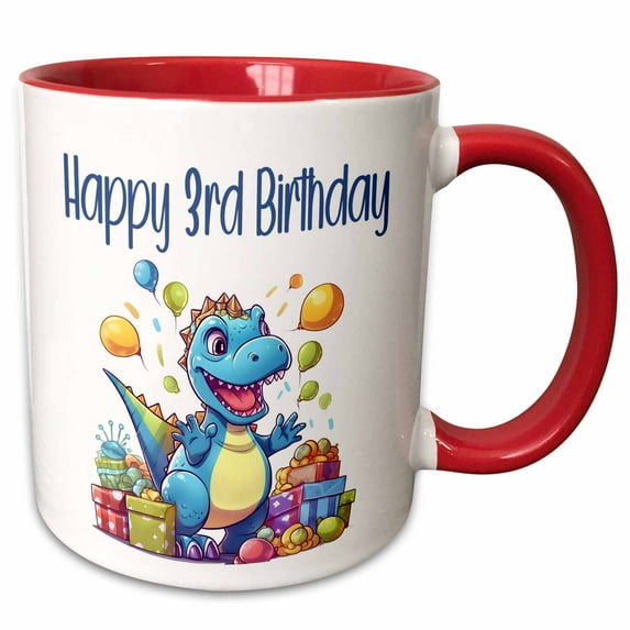 3drose, Cute Party Dinosaur Happy 3rd Birthday, 15oz Two-tone Red Mug