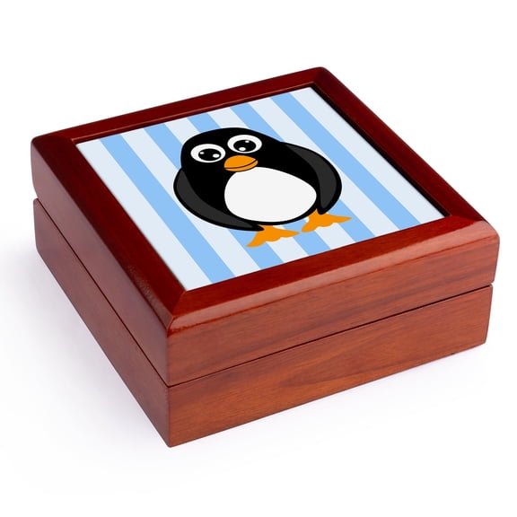 3dRose, Cute Penguin with Blue Stripes, Jewelry Box 5.5x5.5 inch with 4 inch tile