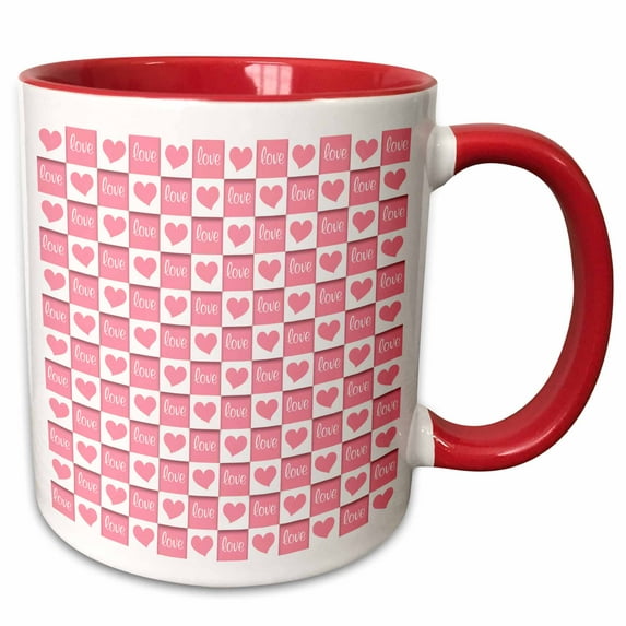 3drose, Cute Pink and White Love and Hearts Checkerboard Pattern, 11oz Two-tone Red Mug