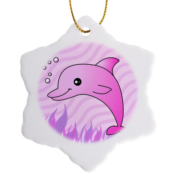 3drose, Cute Pink Dolphin Pink Ocean, 3 inch Snowflake Porcelain Ornament