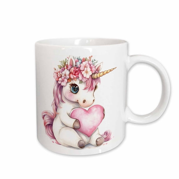3drose, Cute Pink Floral Valentine Heart Unicorn Illustration, 15oz Mug