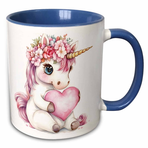 3drose, Cute Pink Floral Valentine Heart Unicorn Illustration, 15oz Two-tone Blue Mug