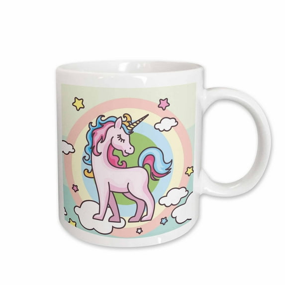 3drose, Cute Pink Unicorn on Rainbow Background, 11oz Mug