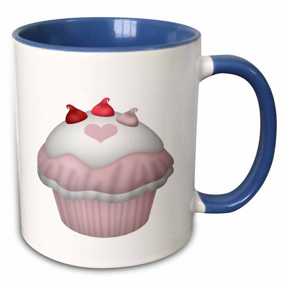 3drose, Cute Pink and White Heart Cupcake Illustration, 11oz Two-tone Blue Mug