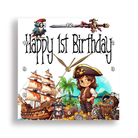 3dRose, Cute Pirate and Ship Happy 1st Birthday, 15x15 Wall Clock