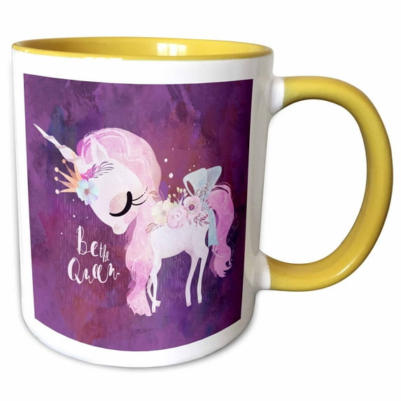 3drose, Cute Purple Flower Unicorn Illustration and Typography - Be the Queen, 15oz Two-tone Yellow Mug