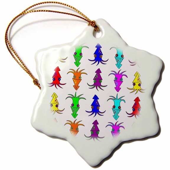 3dRose, Cute Rainbow Squid Print, 3 inch Snowflake Porcelain Ornament