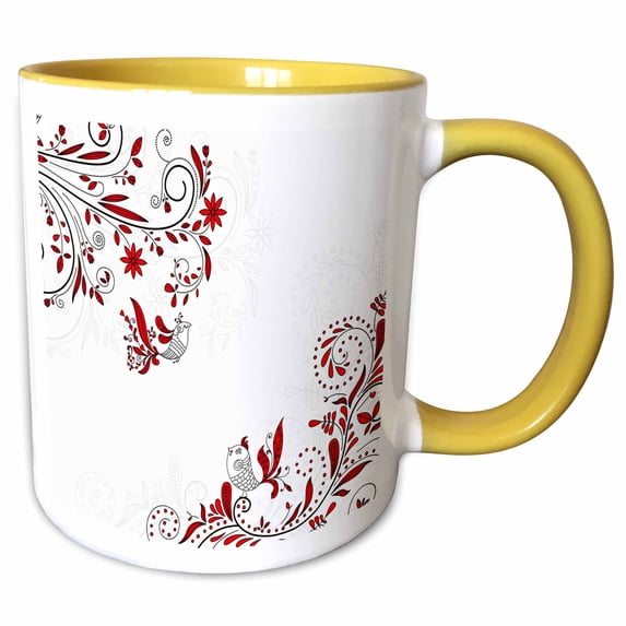 3drose, Cute Red and White Birds and Leafy Flourishes, 15oz Two-tone Yellow Mug