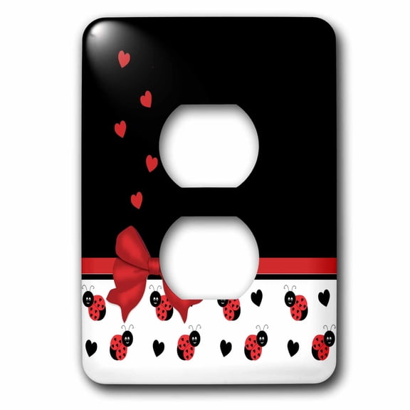 3dRose, Cute Red Black Ladybugs Floating Hearts Red Ribbon , 2 plug outlet cover