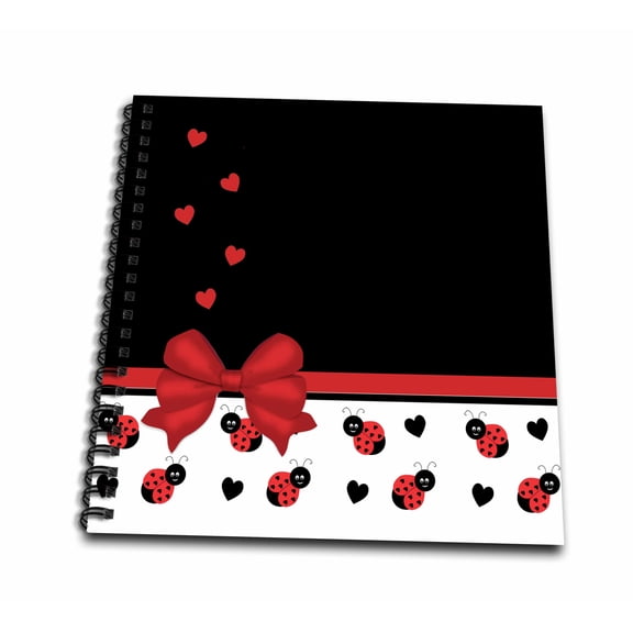 3dRose, Cute Red Black Ladybugs Floating Hearts Red Ribbon , Memory Book 12 x 12 inch