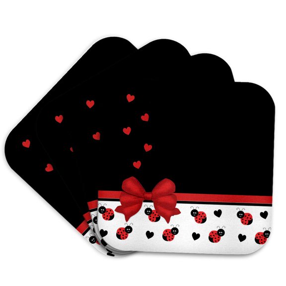3drose, Cute Red Black Ladybugs Floating Hearts Red Ribbon, Set of 4 Coasters - Soft