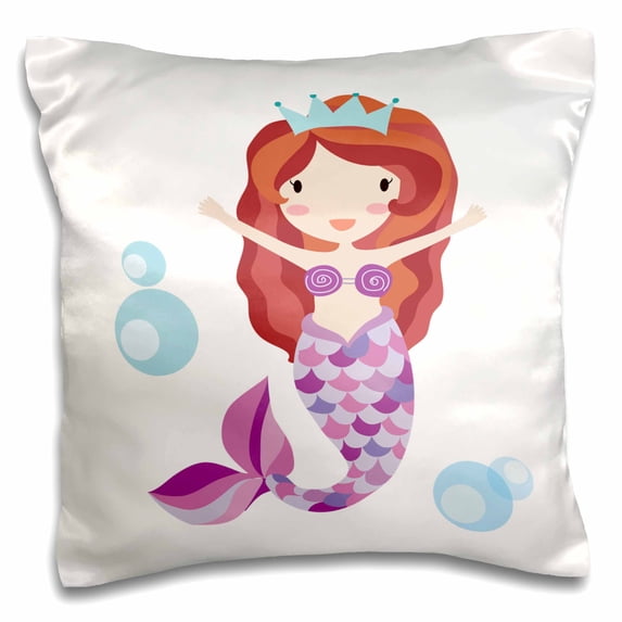 3dRose, Cute Red Haired Mermaid In Purple Illustration, 16x16 inch Pillow Case