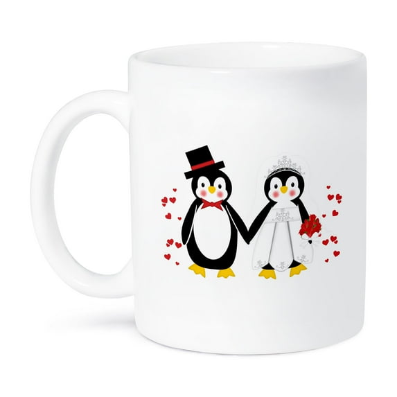 3dRose, Cute Red Hearts Penguin Bride and Groom Wedding Couple, 15oz Mug