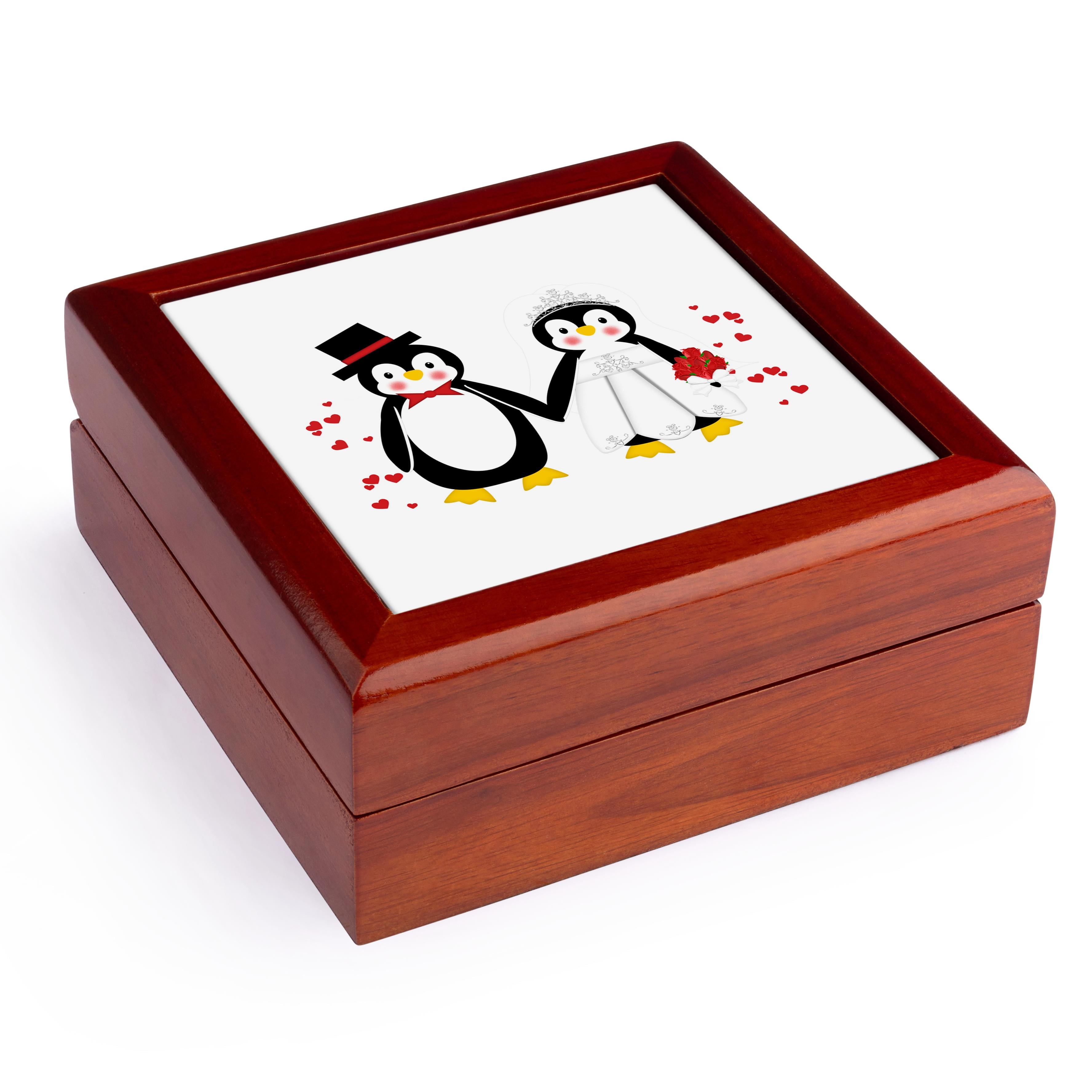 3dRose, Cute Red Hearts Penguin Bride and Groom Wedding Couple, Jewelry Box 5.5x5.5 inch with 4 inch tile