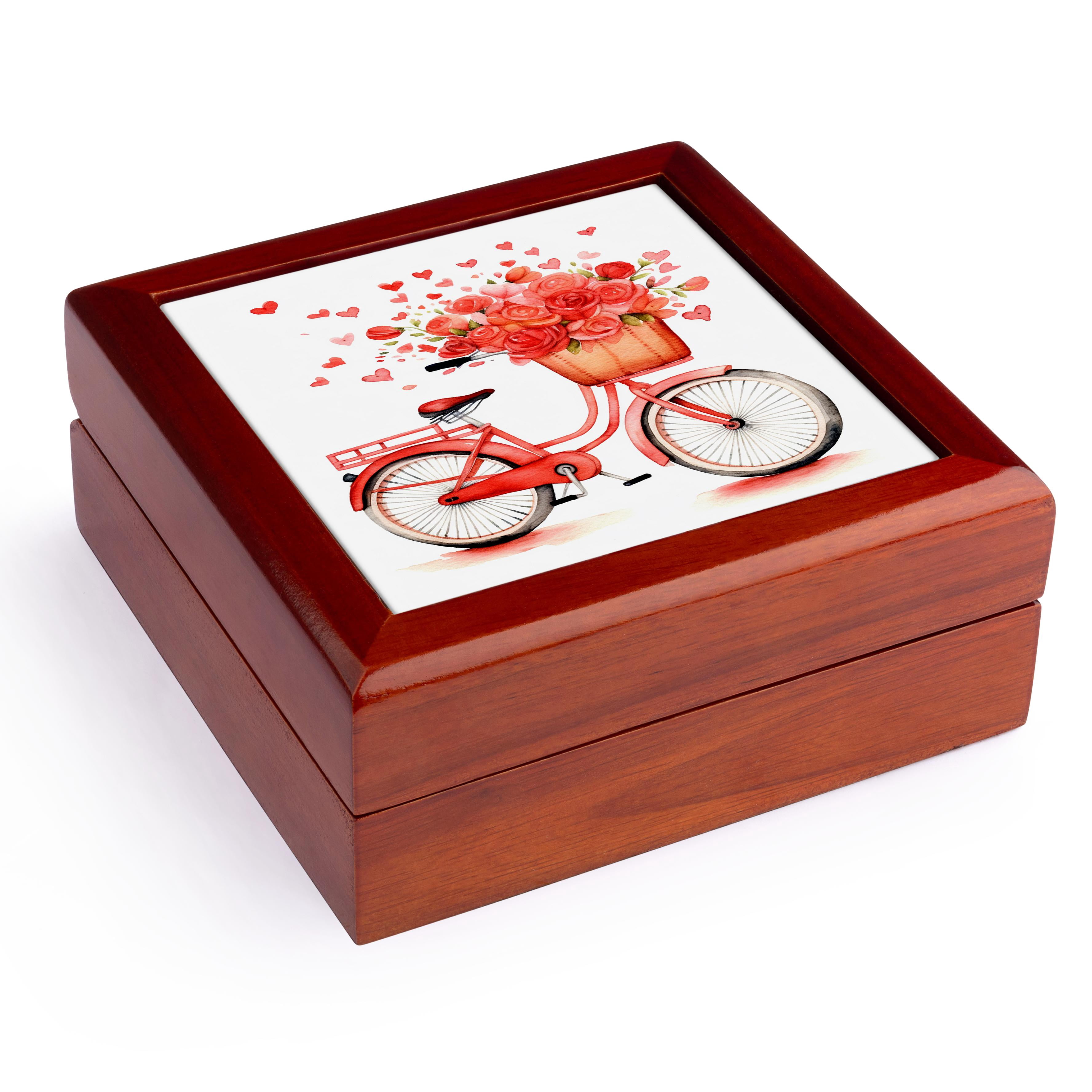 3dRose, Cute Red Valentine Floral Bike Illustration, Jewelry Box 5.5x5.5 inch with 4 inch tile