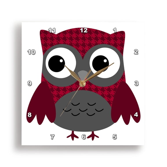 3dRose, Cute Ruby Red Houndstooth Patterned Owl, 10x10 Wall Clock