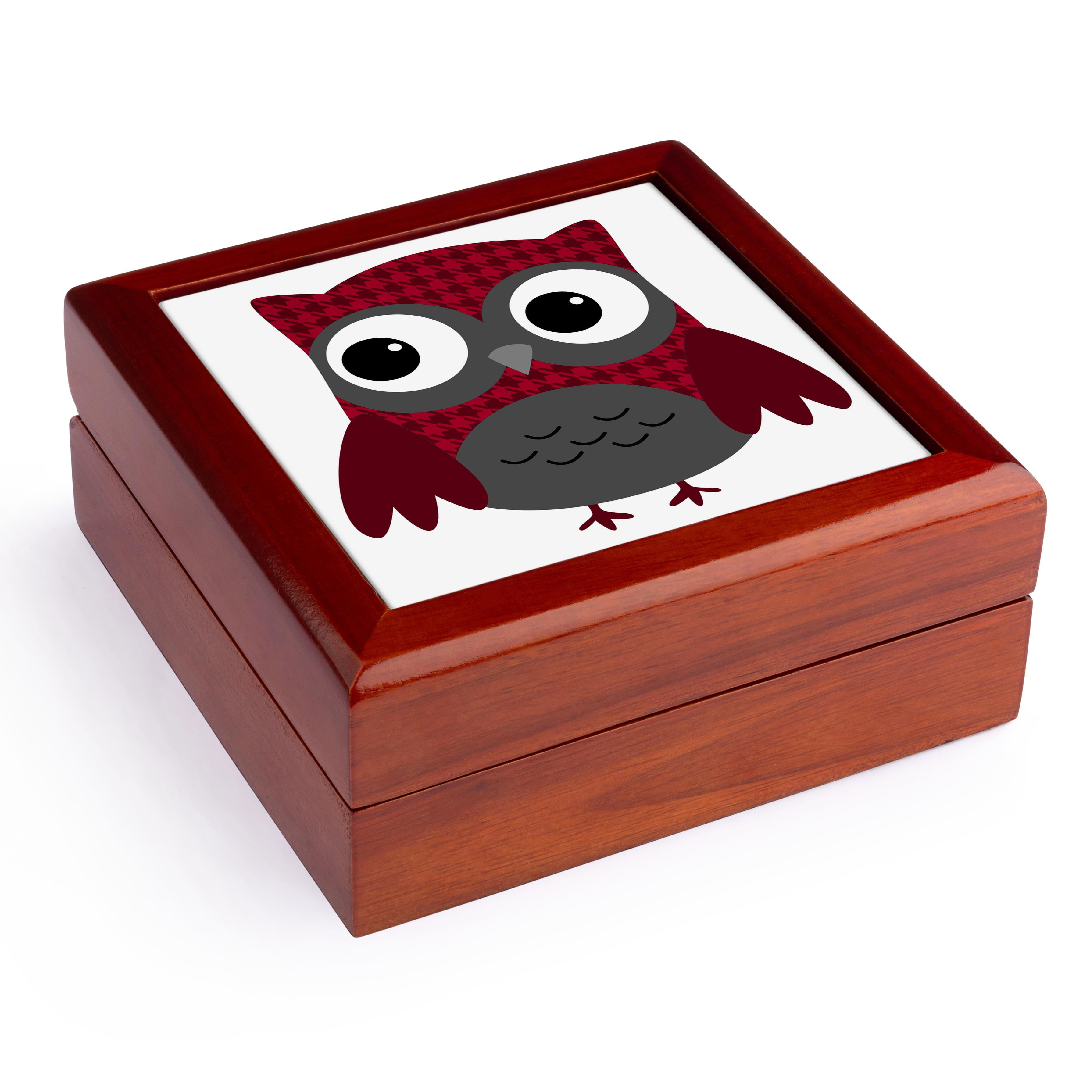 3dRose, Cute Ruby Red Houndstooth Patterned Owl, Jewelry Box 5.5x5.5 inch with 4 inch tile