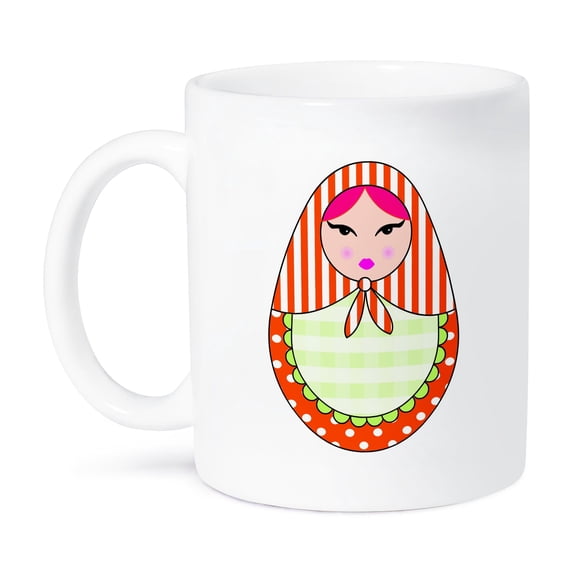 3dRose, Cute Russian Matryoshka Nesting Doll Pink Hair - Warm Colors White, 15oz Mug