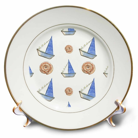 3dRose, Cute Sail Boats and Sea Shells Pattern, 8 inch Porcelain Plate