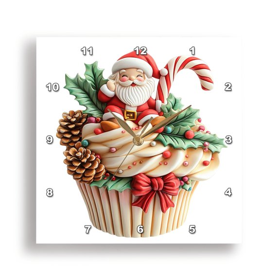 3dRose, Cute Santa Claus Cupcake With Pine Cones and Candy Cane, 15x15 Wall Clock